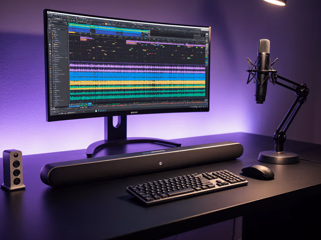content_creator_soundbar_setup_with_microphone_and_editing_monitor